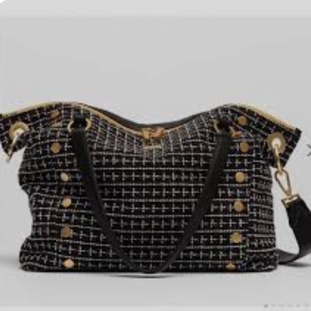Hammitt Los Angeles Daniel Large Tote in Midnight Trellis Tweed Gold Black